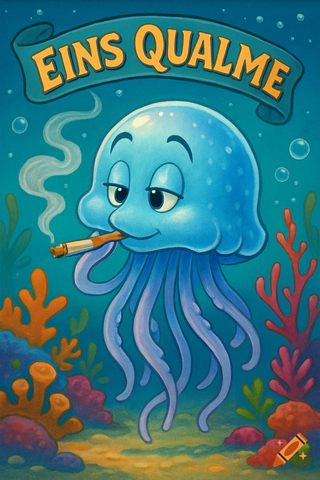 A cute, smiling blue cartoon jellyfish with a cigarette in its mouth, smoking underwater. Above it, a banner reads 'EINS QUALME', set against a background of colorful coral and plants in a Disney-like style.