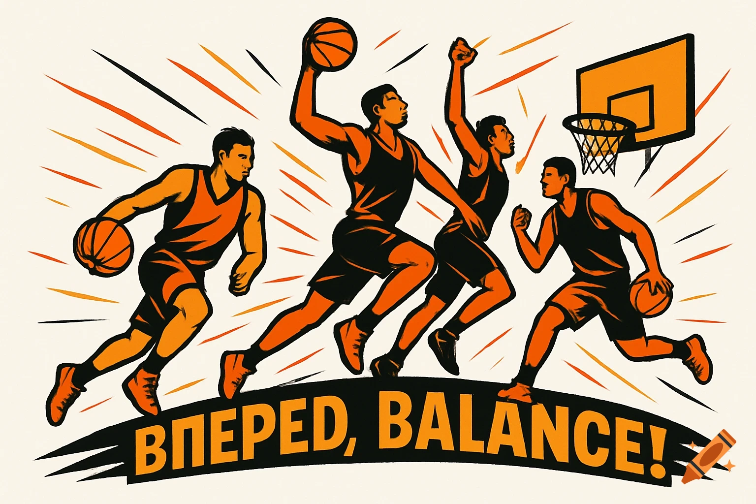 Vector illustration of four dynamic basketball players in orange and black, with a hoop and the text 'ВПЕРЕД, BALANCE!'.