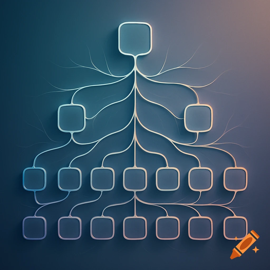 Abstract hierarchical diagram with connected empty rounded rectangular nodes on a dark blue background.