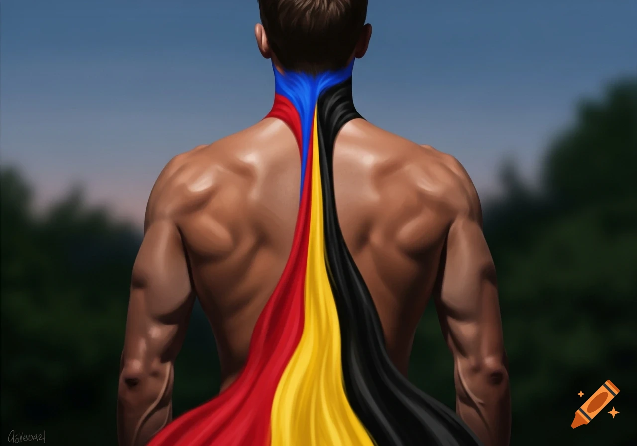 A shirtless man from behind with blue, red, yellow, and black fabric-like streams flowing down his back from his neck.