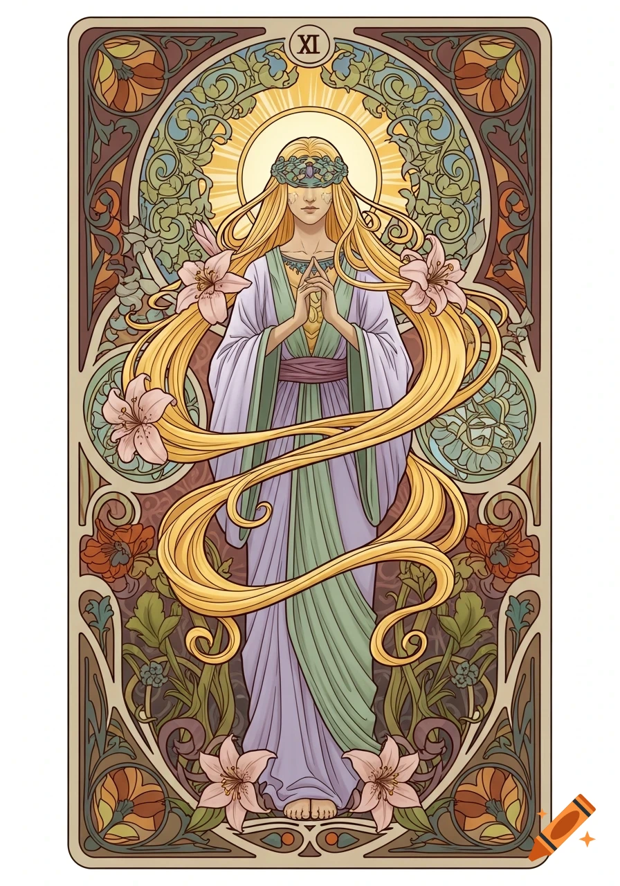 A woman with long blonde hair and a blindfold-like wreath over her eyes, in an ornate Art Nouveau style tarot card.