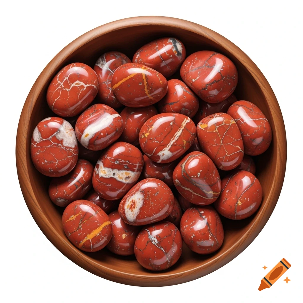 A close-up, top-down view of a wooden bowl filled with smooth, red jasper tumbled gemstones with white and orange veins.