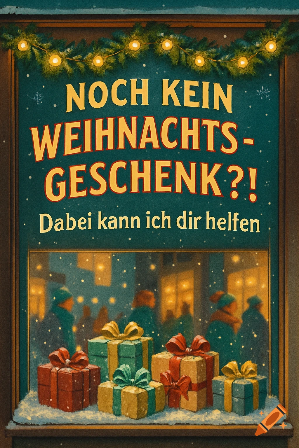 A festive Christmas shop window display with text and wrapped gifts on a snowy ledge, with people reflected outside.