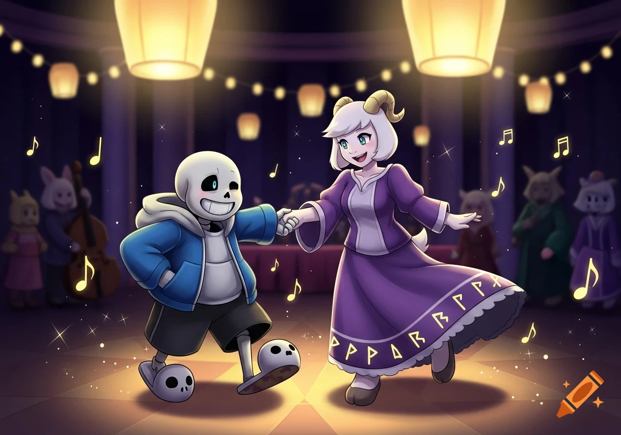 Sans the skeleton and a white goat-like woman in a purple dress dance hand-in-hand at a festive ball under lanterns.