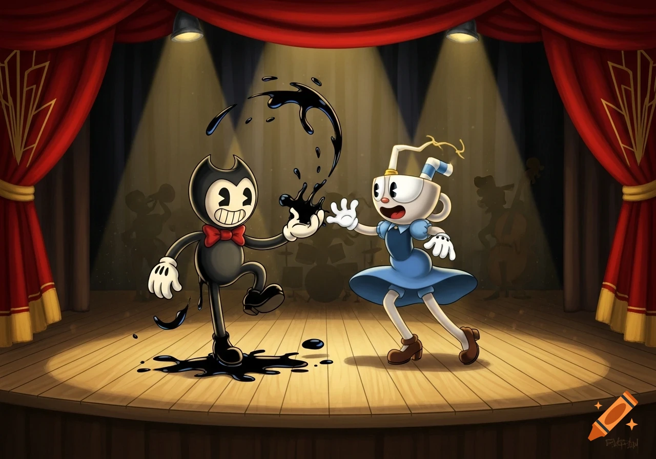 Bendy and Ms. Chalice tap dancing on a spotlighted wooden stage with red curtains.