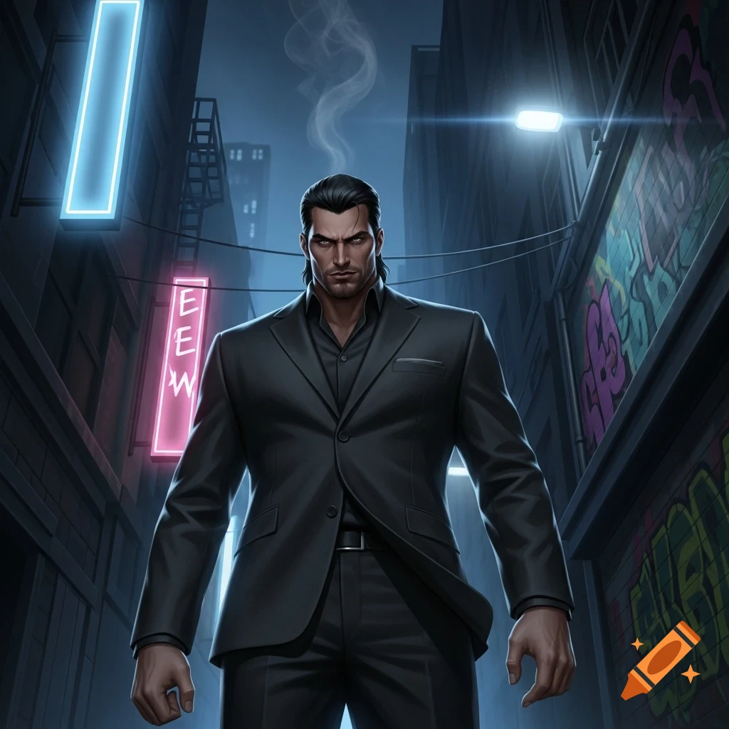 An intimidating dark-haired man in a black suit stands in a neon-lit, graffiti-covered urban alley.