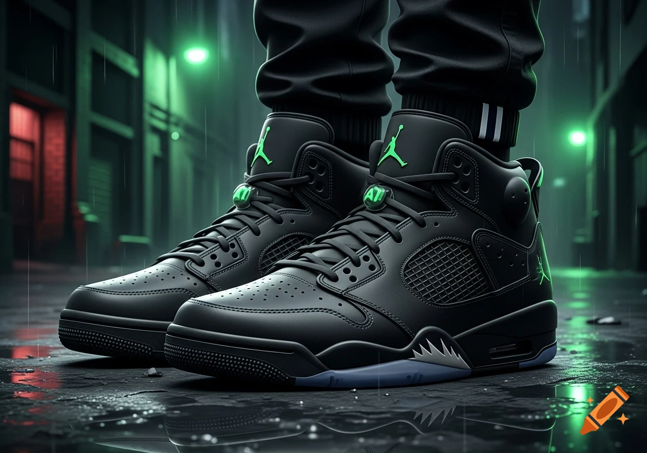 Photorealistic image of black sneakers with green logos and accents, standing on a wet, reflective urban street at night with rain and green streetlights.