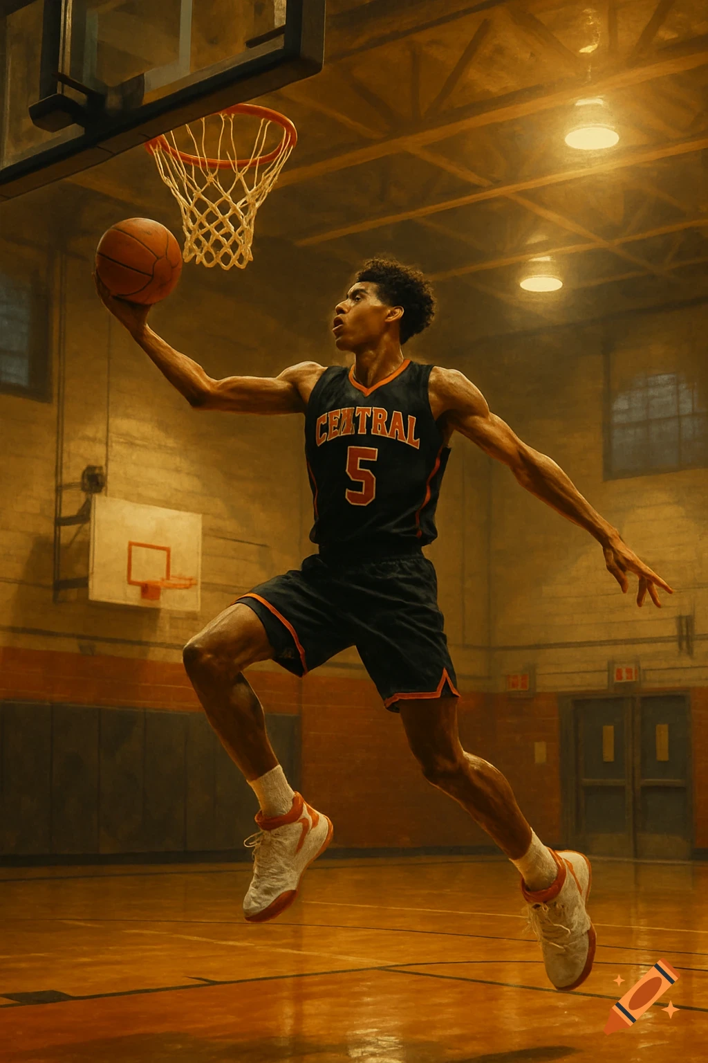 A male basketball player in a black 'CENTRAL 5' jersey leaps towards a hoop in a high school gym, digital art.