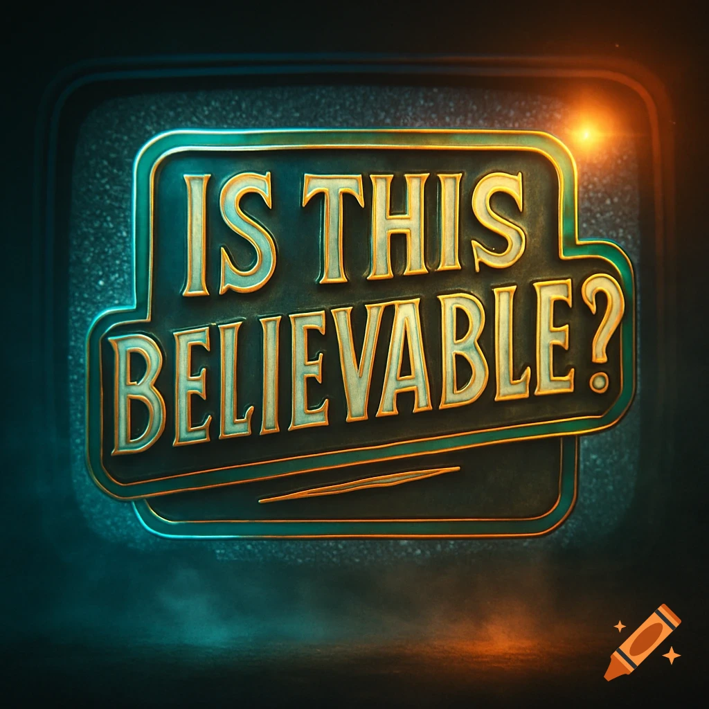 Stylized metallic sign "IS THIS BELIEVABLE?" in green and gold, on a retro TV screen with static and colored lighting.
