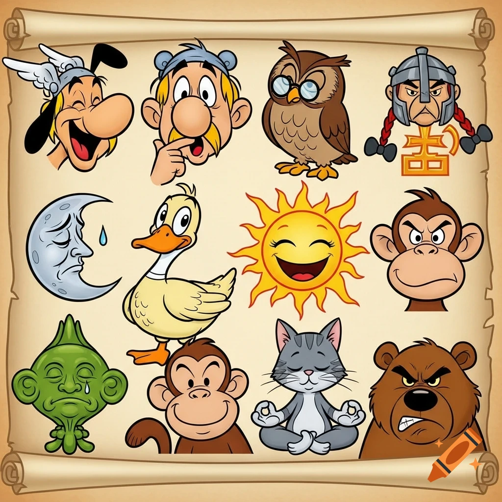 A scroll with twelve cartoon heads and symbols, including two men, an owl, a Roman soldier, a crying moon, a duck, a happy sun, an angry monkey, a crying green creature, a smiling monkey, a meditating cat, and an angry bear.