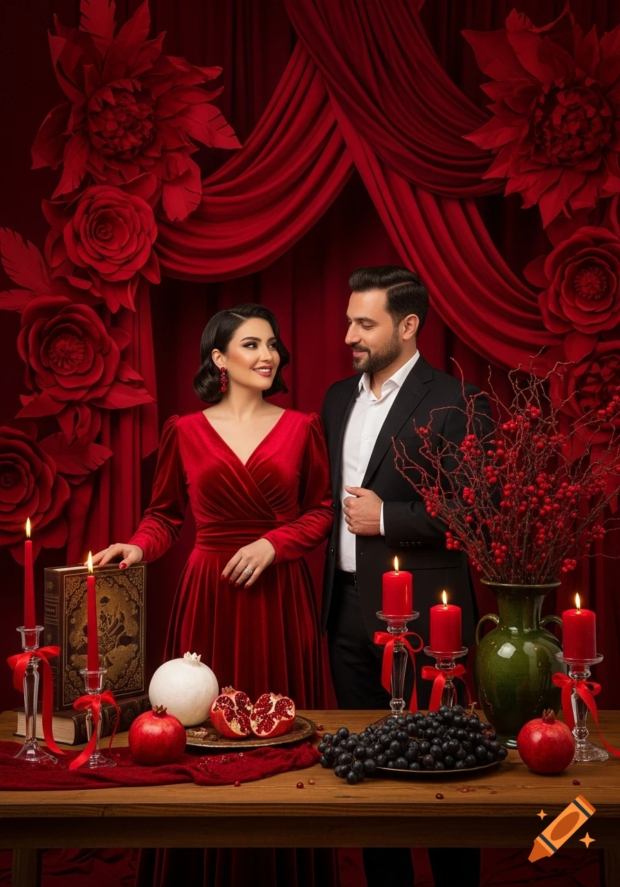 An elegantly dressed couple, a woman in a red velvet dress and a man in a black suit, pose in a luxurious studio setting with red drapes and large paper flowers. A table in front holds pomegranates, grapes, candles, and a decorative book.