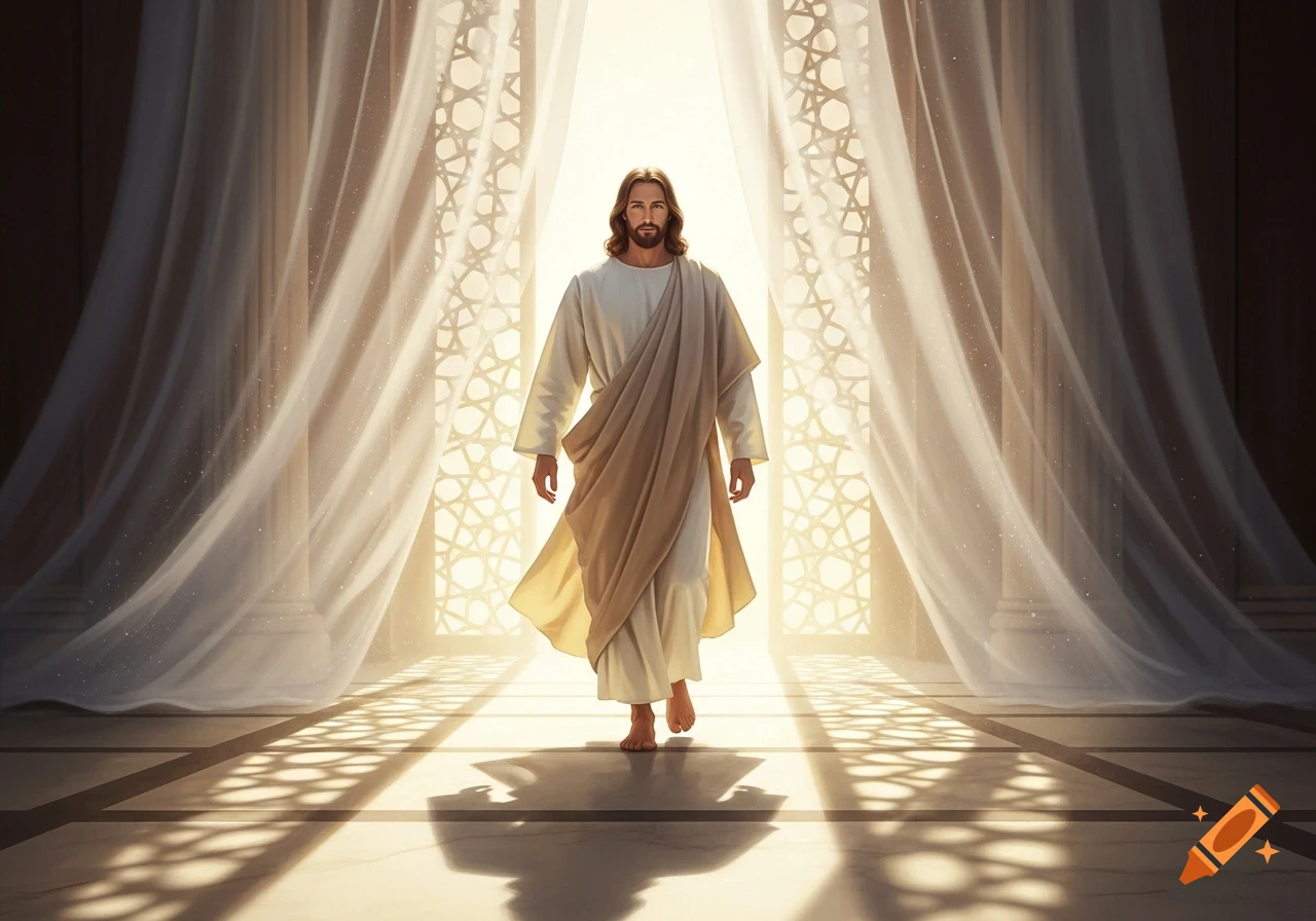 Jesus walks through sheer white curtains into a bright light, casting patterned shadows on a tiled floor in a majestic setting.