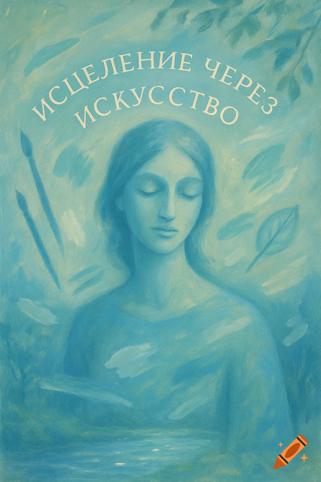 Painterly blue-green image of a serene woman, eyes closed, with paintbrushes, leaves, and Russian text 'Healing Through Art'.