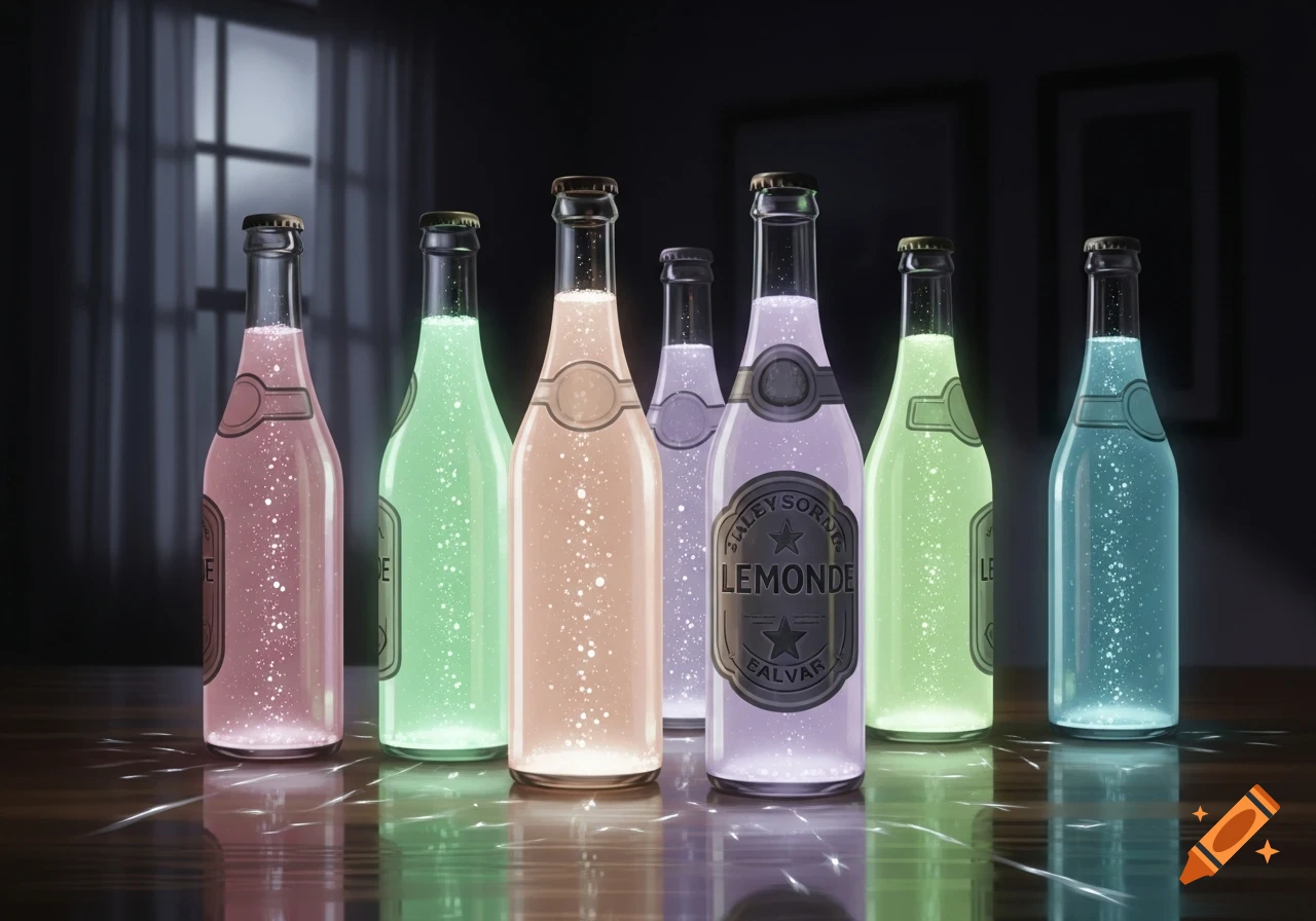 Seven glowing bottles of various pastel-colored liquids stand on a dark, reflective wooden surface in a dimly lit room.