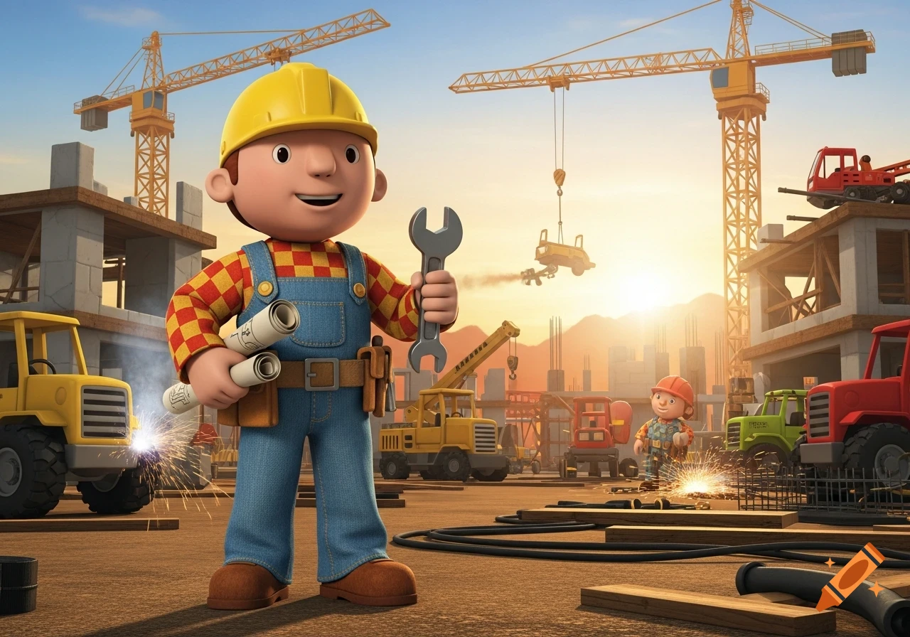 Bob the Builder holding a wrench and blueprints at a construction site with cranes and heavy machinery under a sunset.