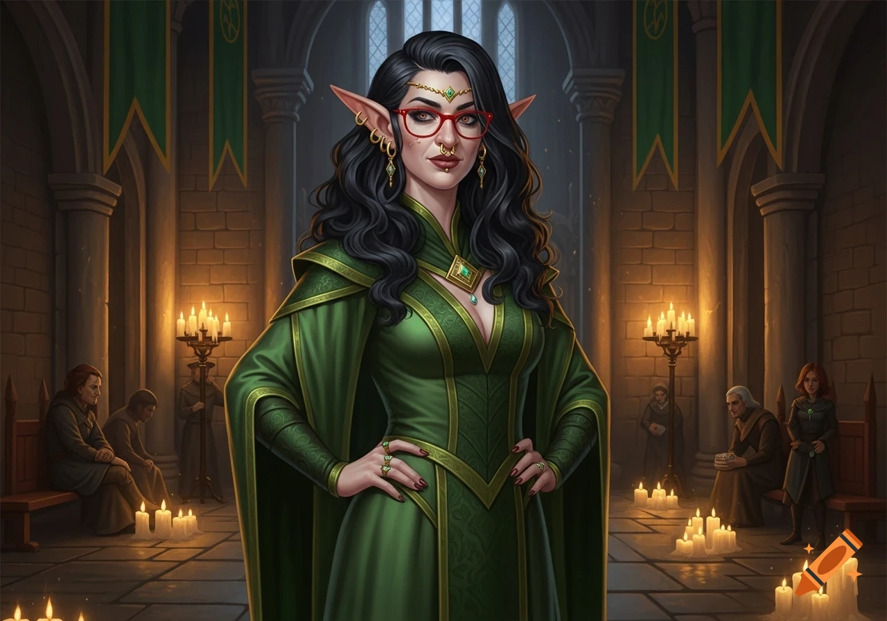 A dark-haired elf woman in a green robe, red glasses, and piercings ...