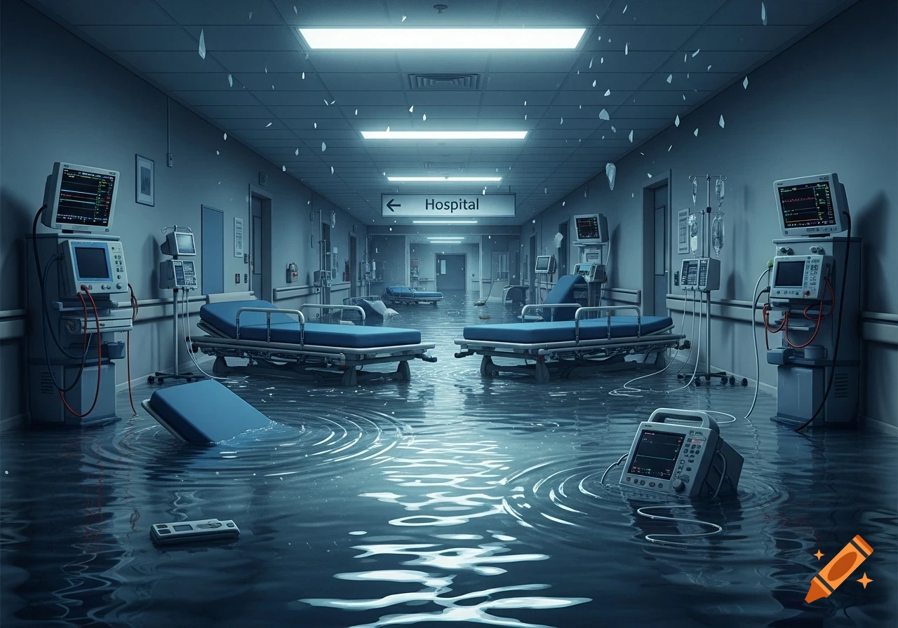 A photorealistic flooded hospital corridor with submerged beds and medical equipment under fluorescent lights, a sign reads 'Hospital'.