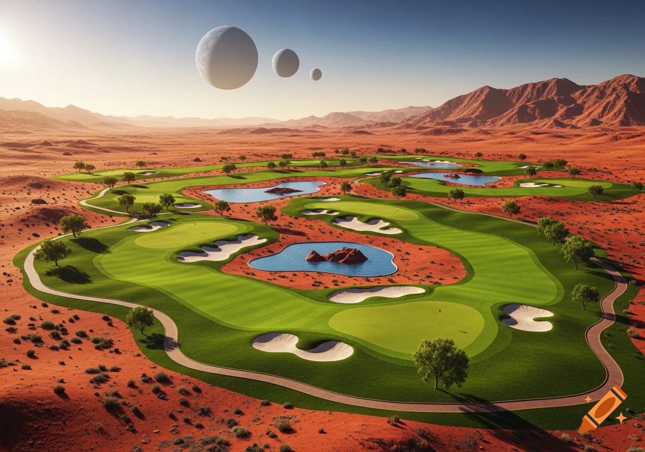 Photorealistic golf course on a red, desert planet with mountains and three moons in the sky.