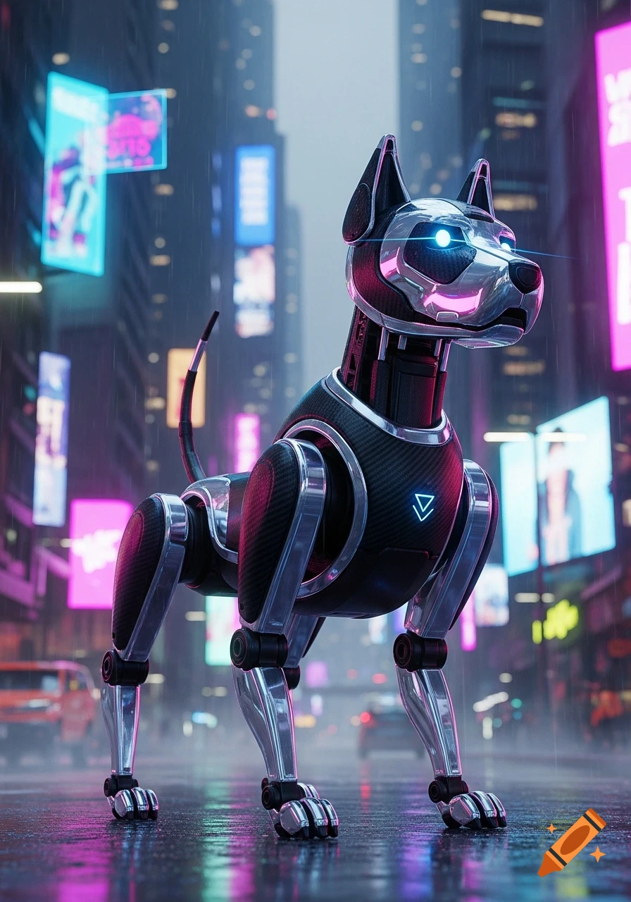A futuristic robot dog with glowing blue eyes stands on a rainy cyberpunk city street at night, reflecting neon lights.