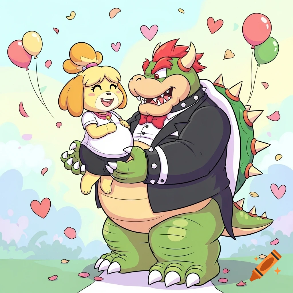 Cartoon illustration of Bowser in a tuxedo holding a pregnant Isabelle, surrounded by hearts, balloons, and rose petals at a wedding.