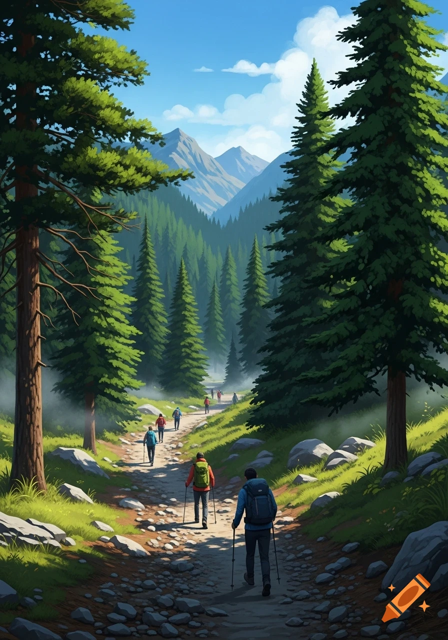 Illustrated hikers on a winding rocky path through a lush pine forest with distant mountains under a blue sky.