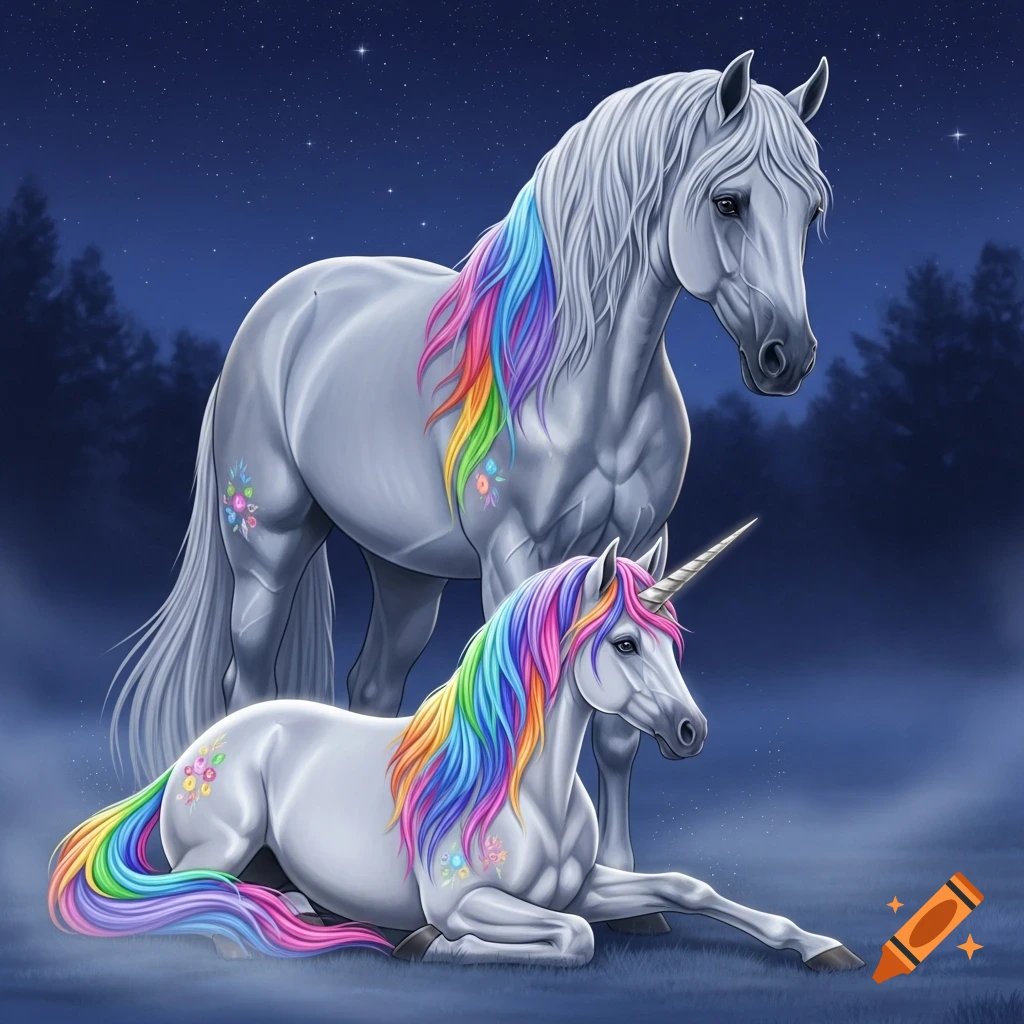 Two white unicorns with rainbow manes and tails, decorated with floral patterns, stand and lie in a starry night forest, digital art.