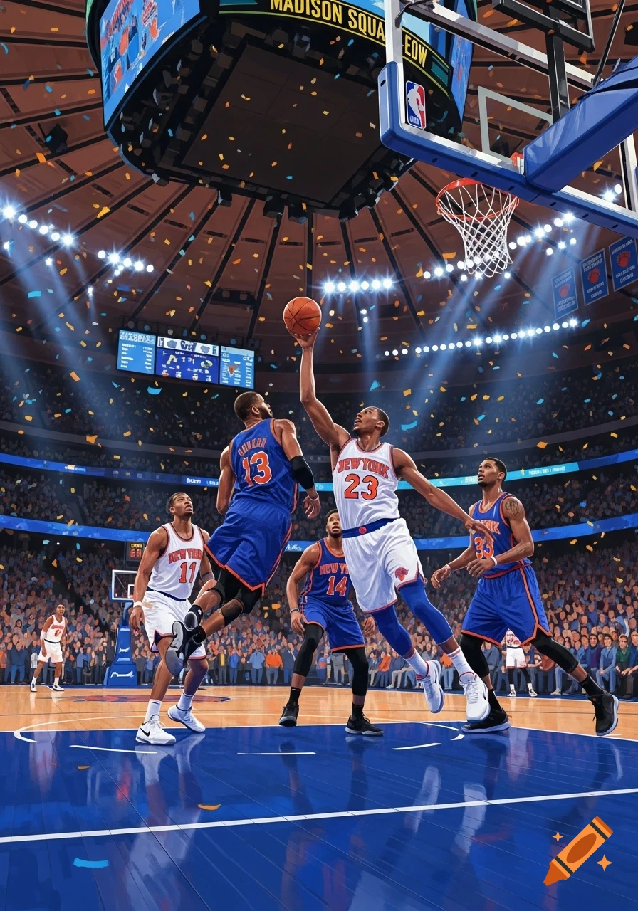 Vibrant illustration of basketball players on court during a game with confetti falling in an arena.