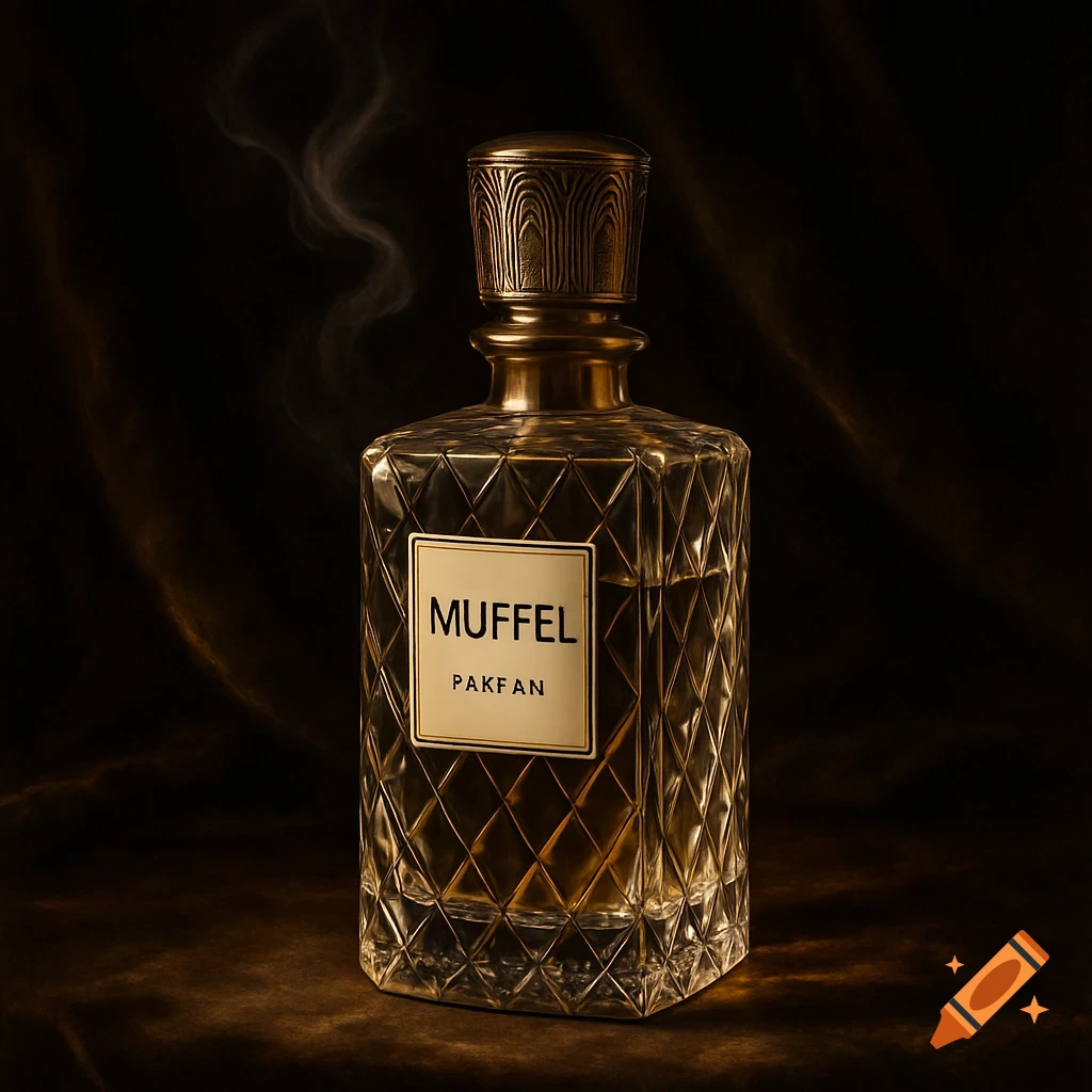A close-up, photorealistic shot of a clear, textured glass perfume bottle with a golden cap and a label reading "MUFFEL PAKFAN" against a dark, dramatic background with wisps of smoke.