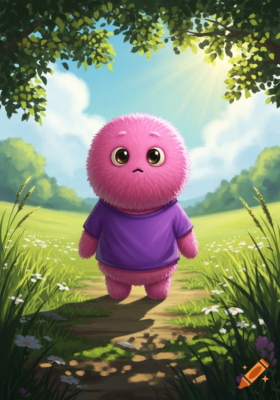 A cute, fluffy pink creature with big eyes and a purple t-shirt stands on a path in a sunny green field under a blue sky.