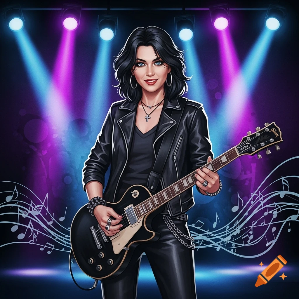 A stylized illustration of a woman in a leather jacket playing an electric guitar on a stage with blue and purple spotlights and musical notes.