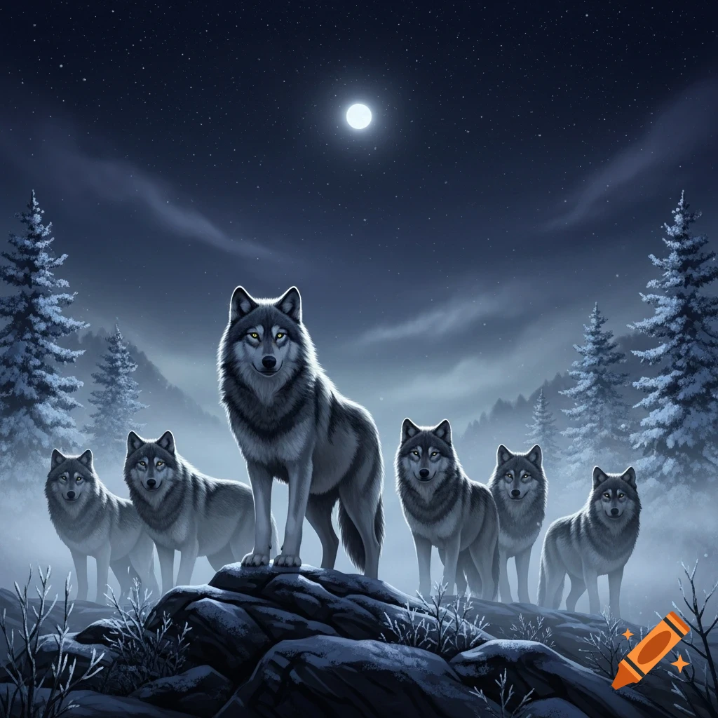 A pack of wolves stands on snowy rocks in a moonlit winter forest at night, digital art.
