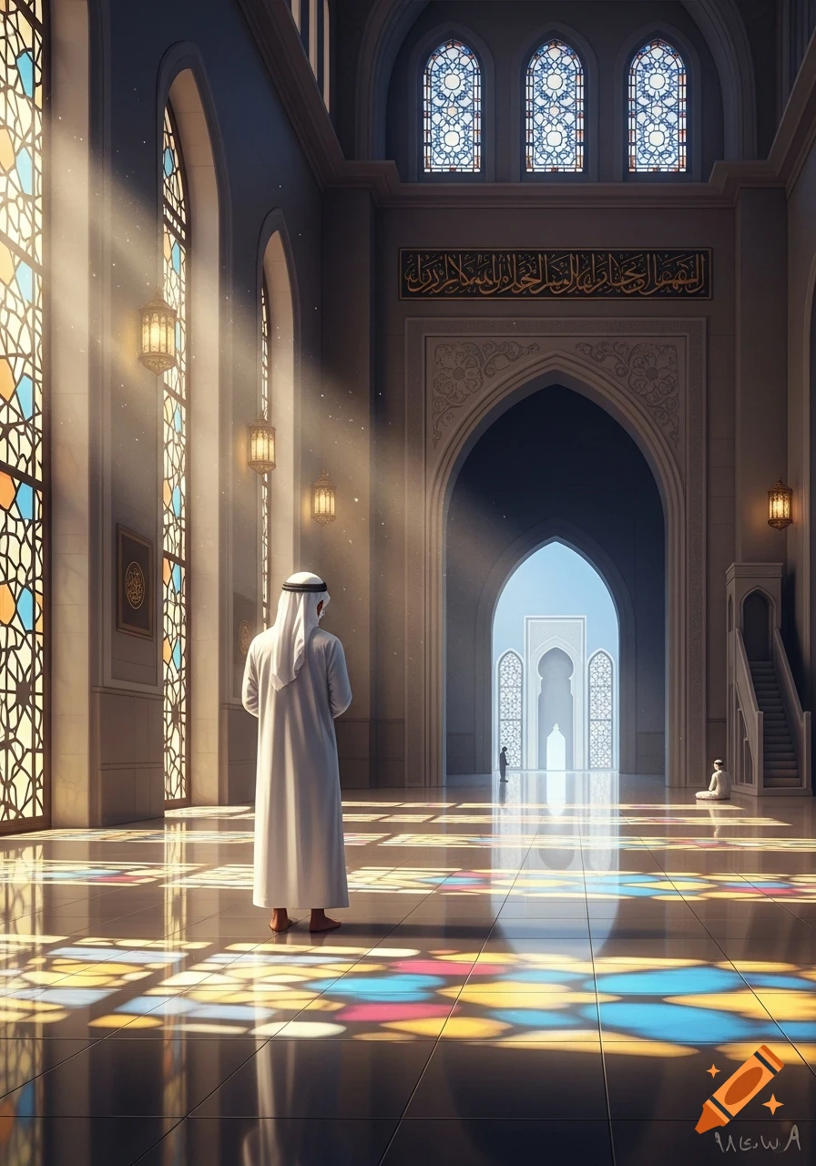 A person in traditional white attire stands in a grand mosque, illuminated by sunbeams streaming through intricate stained glass windows.