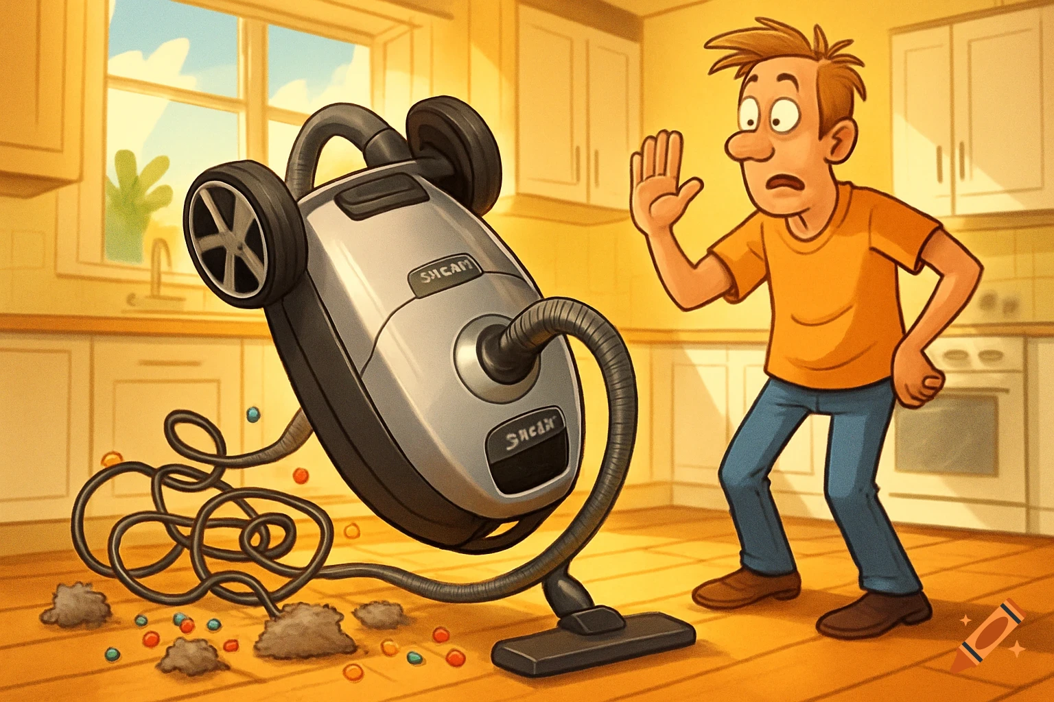 Cartoon man looks surprised at an overturned vacuum cleaner spilling dirt and colorful objects in a bright kitchen.