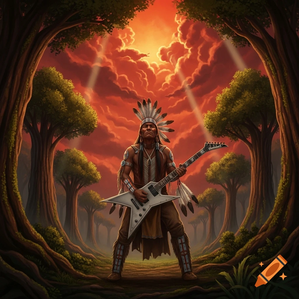 An indigenous man in traditional attire and feathered headdress plays a white electric guitar, framed by trees against a dramatic red and orange cloudy sky with light rays.