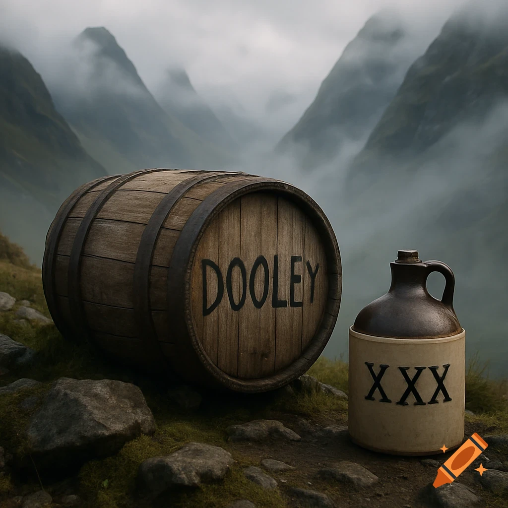 A wooden barrel labeled "DOOLEY" and a jug marked "XXX" sit on mossy ground in a misty mountain landscape.