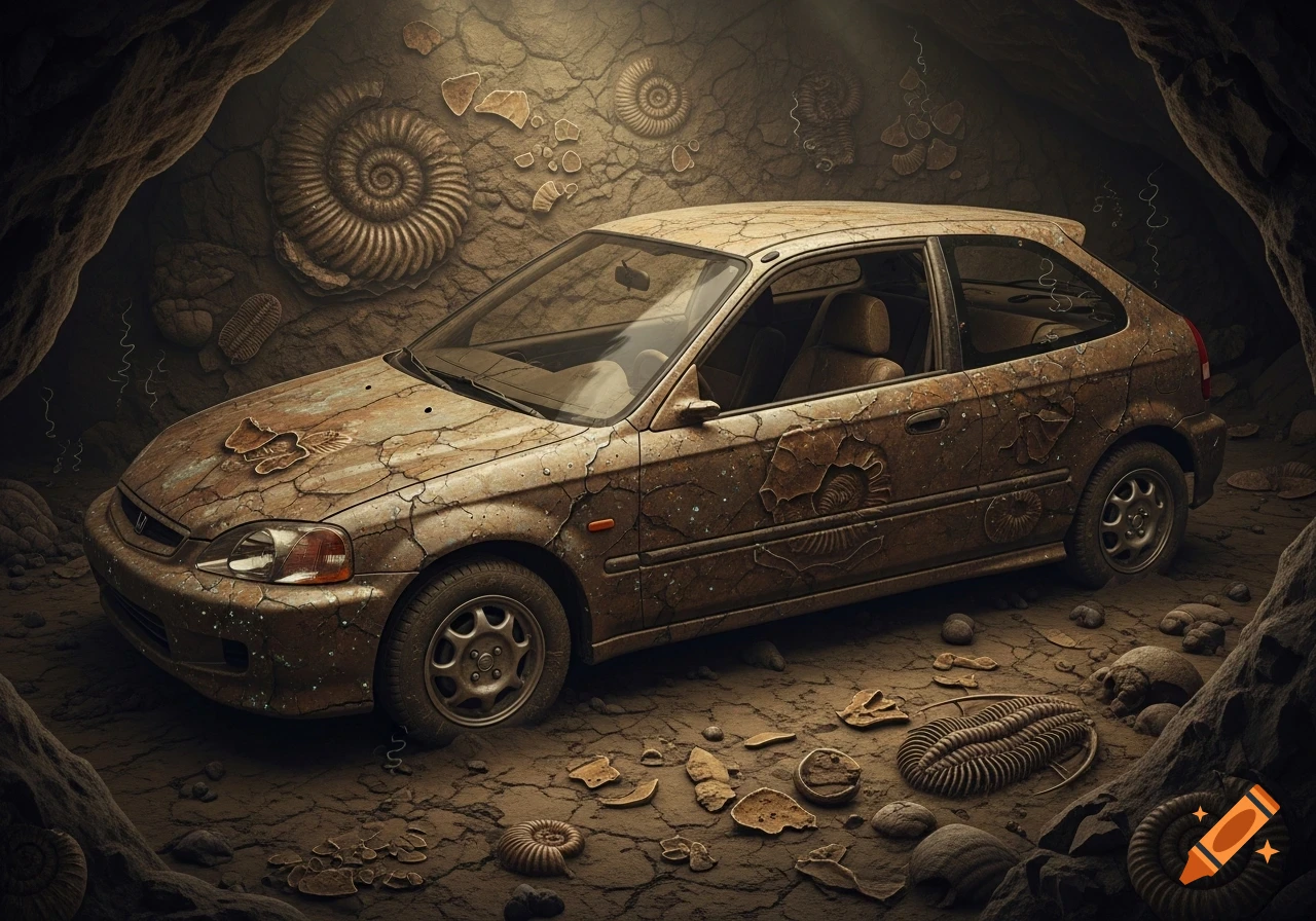 A photorealistic fossilized 1999 Honda Civic hatchback, cracked and covered in ancient imprints, rests in a dark, rocky cave.
