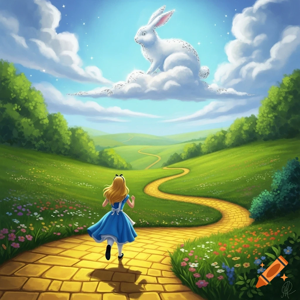 Alice in Wonderland runs on a yellow brick road through a green, flowery landscape, looking up at a white rabbit cloud in a bright blue sky.