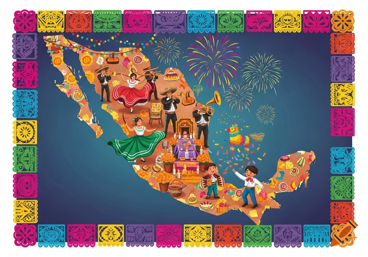 A colorful illustration of Mexico's map, filled with traditional festivities: mariachi music, folk dancers, fireworks, an altar, and a piñata, framed by papel picado.