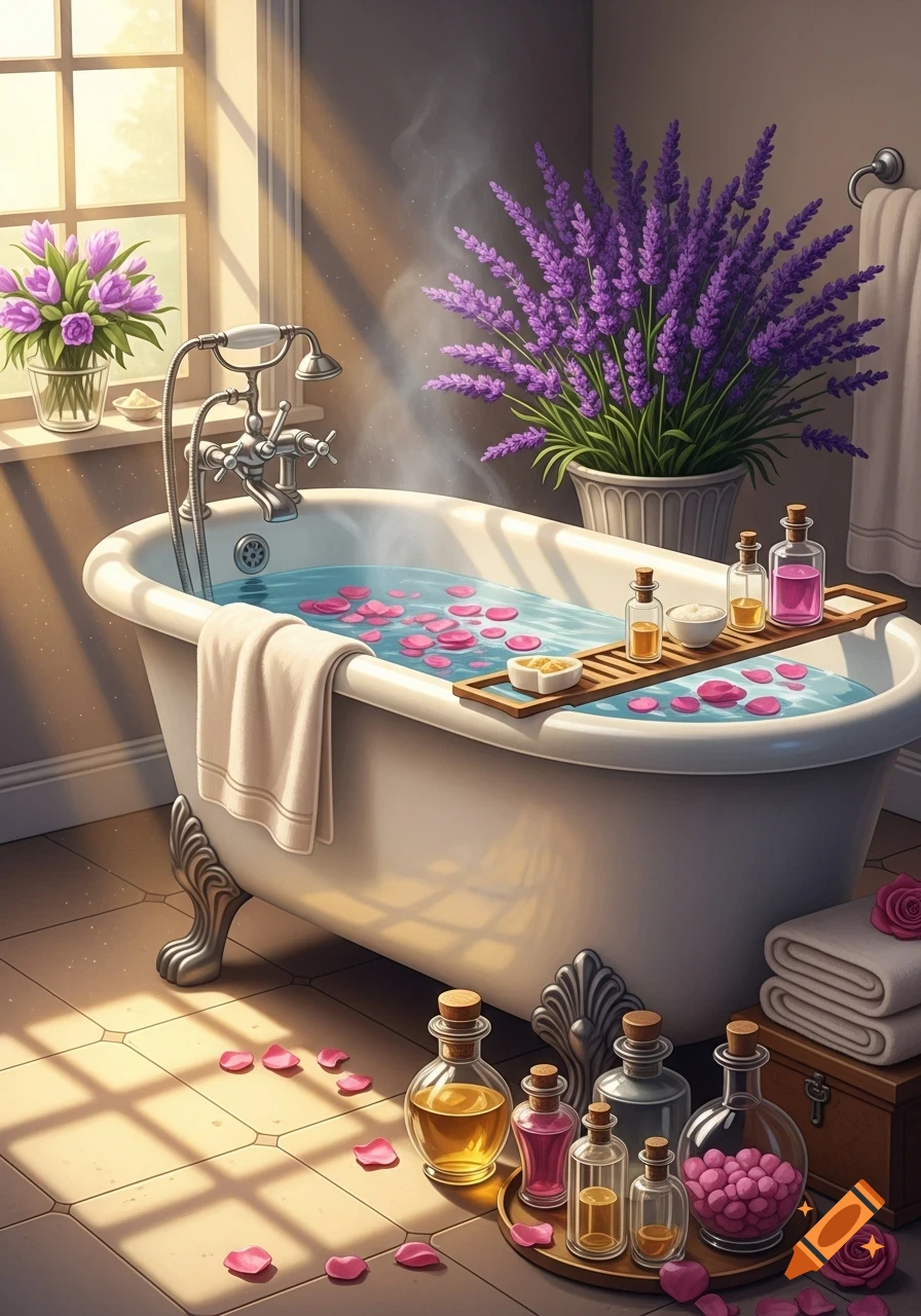 A sunny bathroom features a clawfoot bathtub with rose petals, bath oils, lavender, and towels, in a detailed illustration.