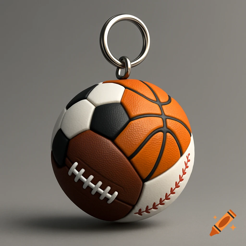 A keychain featuring a spherical composite ball with sections resembling a soccer ball, basketball, American football, and baseball.