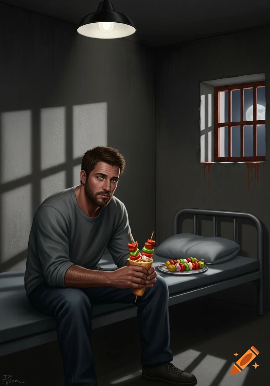 A man with a beard sits on a prison bed in a dimly lit cell, holding a kebab in a cone. A plate of kebabs rests on the bed next to him. A barred window reveals a full moon outside.