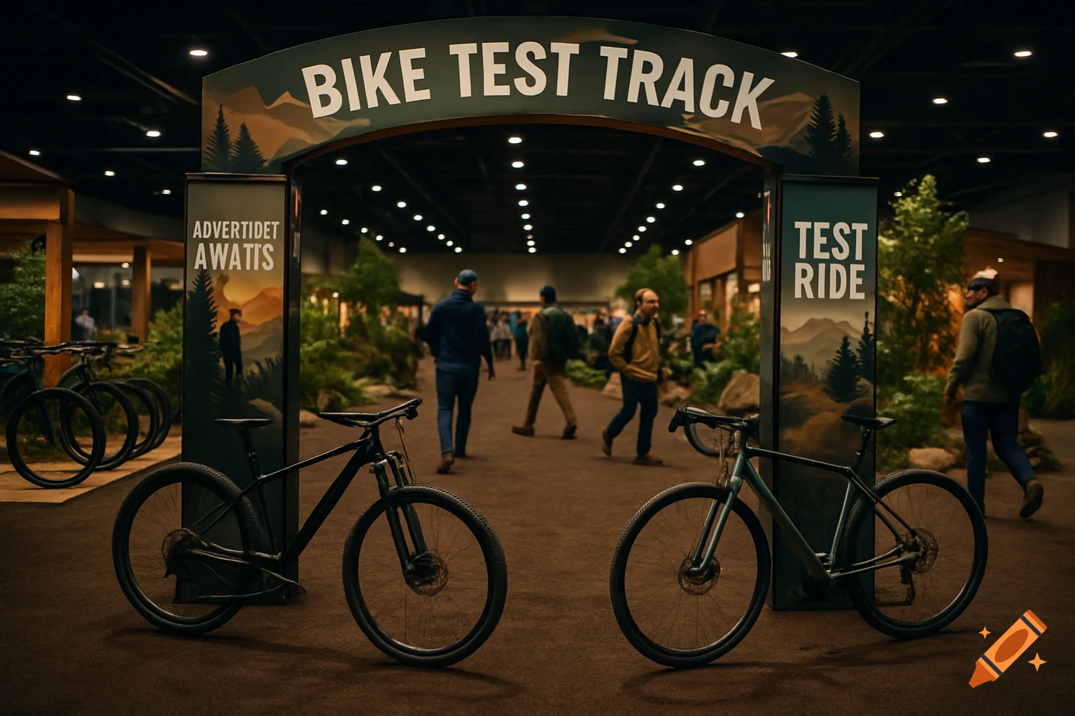 People walk around an indoor bike test track at a trade show with bikes in the foreground and a large archway sign.