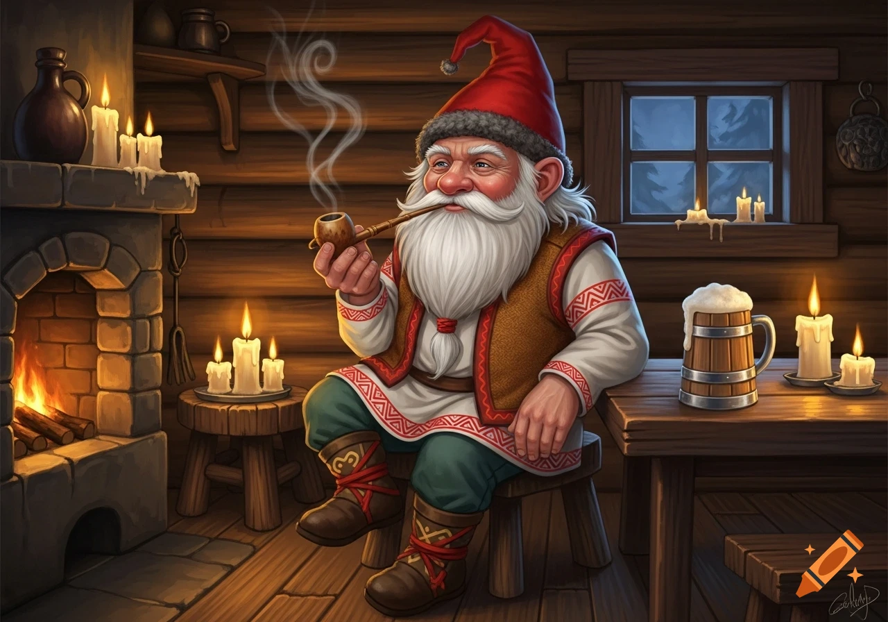 A cozy gnome in a red hat and folk attire smokes a pipe, holds a beer mug, and sits by a warm fireplace in a rustic cabin, detailed illustration.