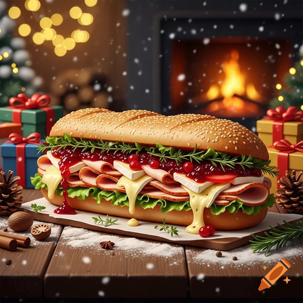 Photorealistic Christmas sub sandwich with turkey, melting cheese, cranberry sauce, and lettuce on a snowy wooden table. Fireplace and gifts in background.