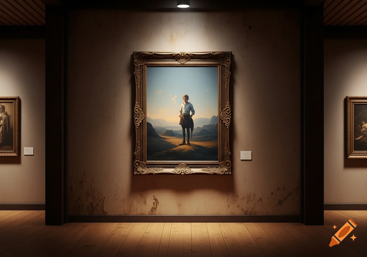 A warmly lit art museum interior with a large framed painting of a person in a vast landscape, flanked by two smaller paintings.