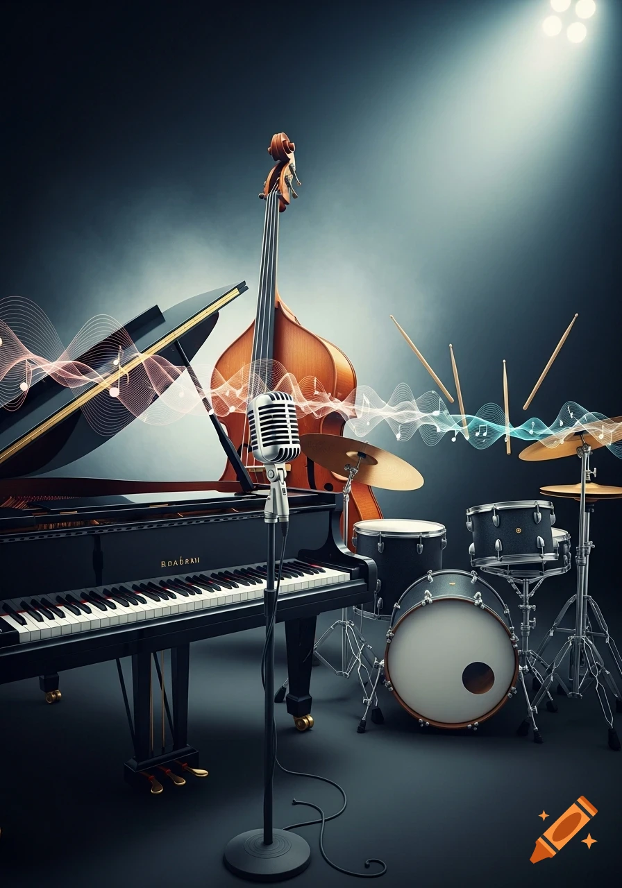 A stage with a grand piano, upright bass, microphone, and a drum set under a spotlight, with stylized sound waves.