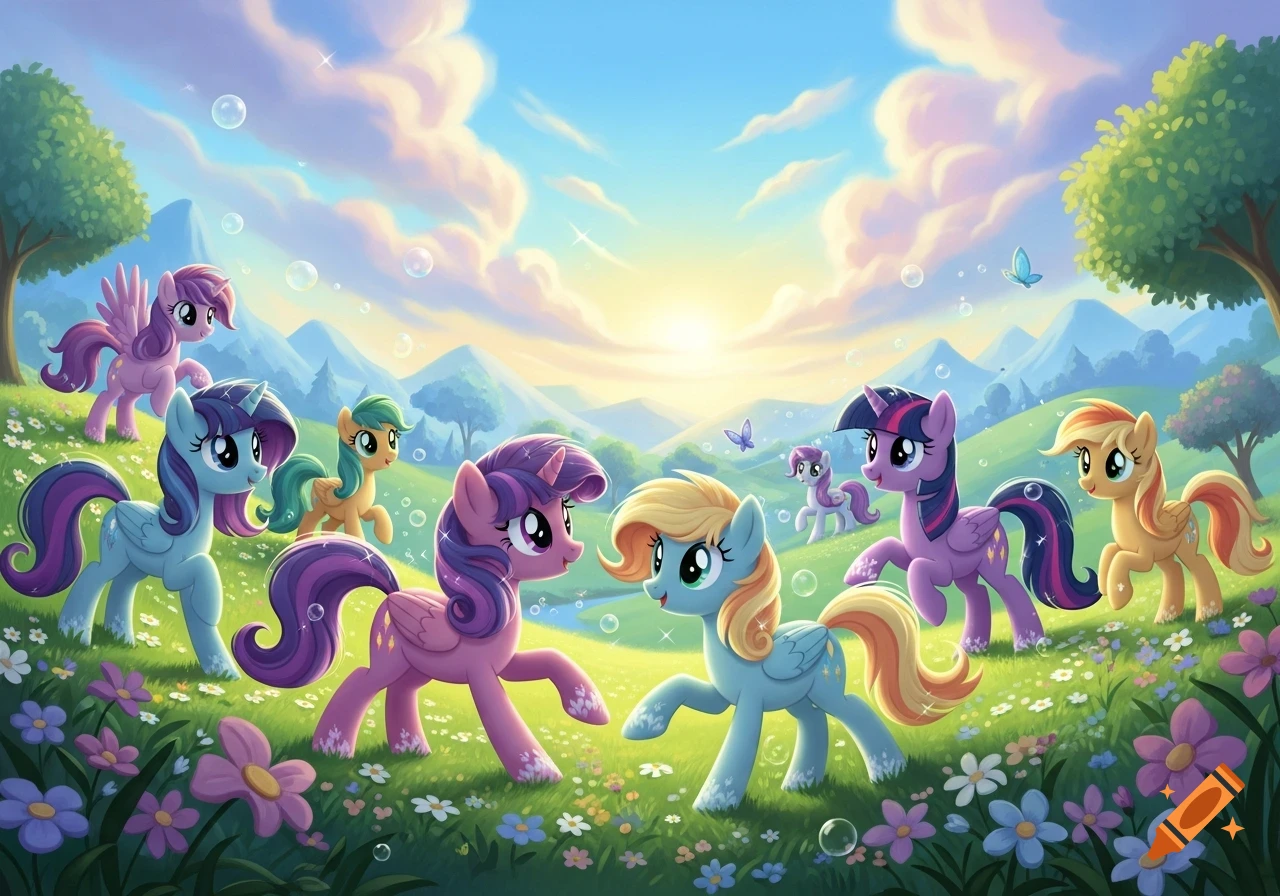 Multiple colorful animated ponies stand in a vibrant, flowery meadow with mountains and a bright sky.