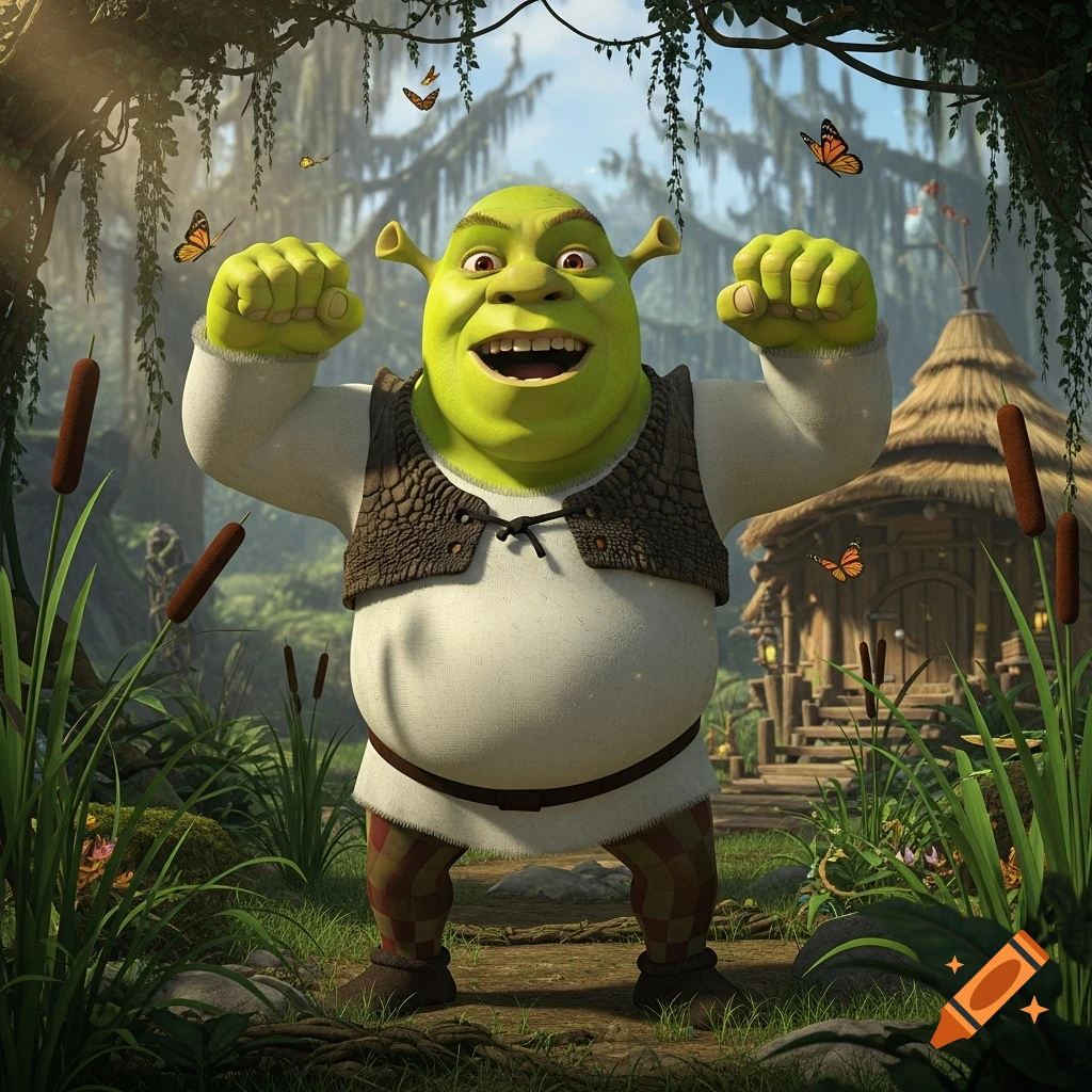 Shrek the ogre flexes his arms and smiles broadly in a vibrant swamp landscape, with a rustic hut and butterflies.