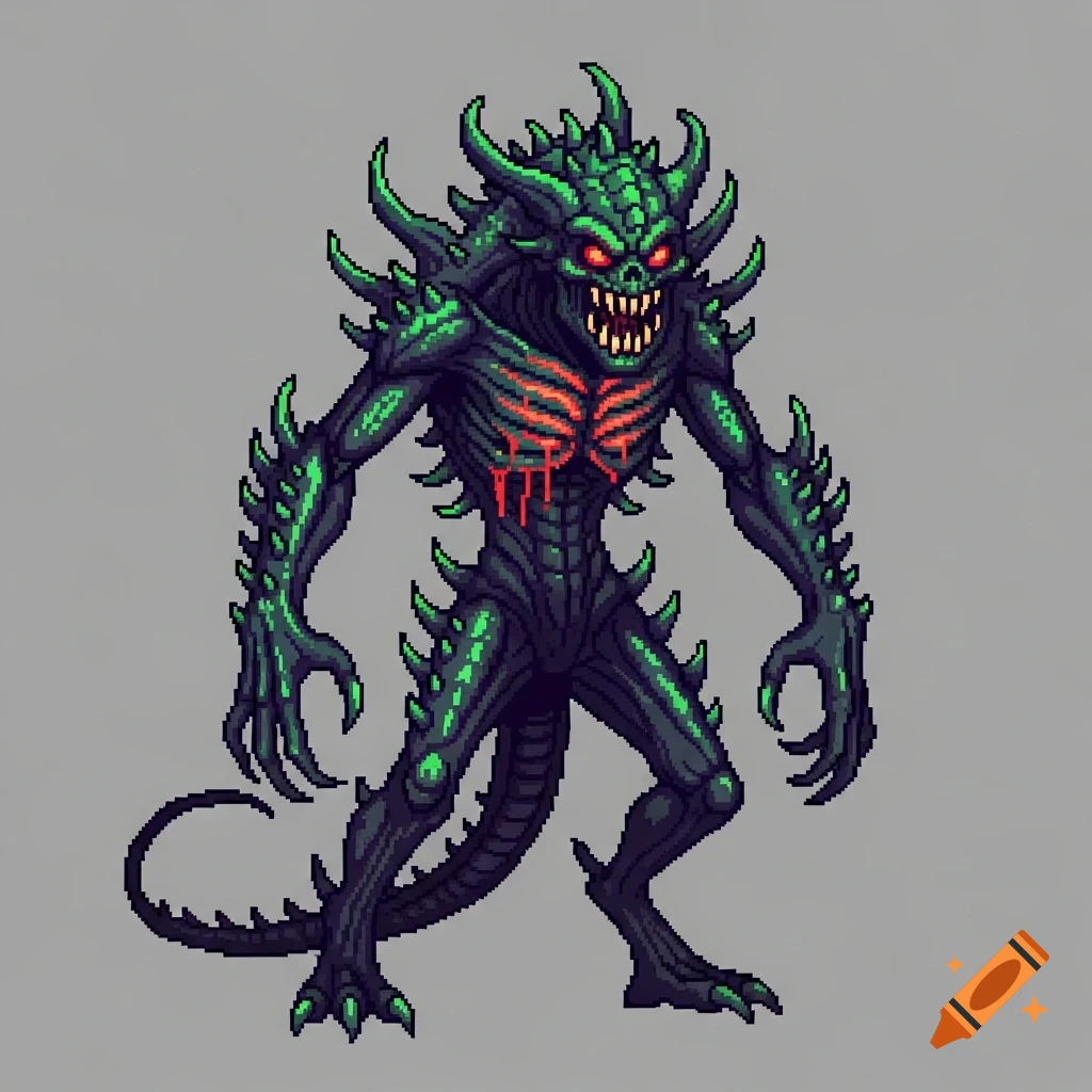 A pixel art game sprite of a dark green horned monster with glowing red eyes and red chest markings, standing on a gray background.