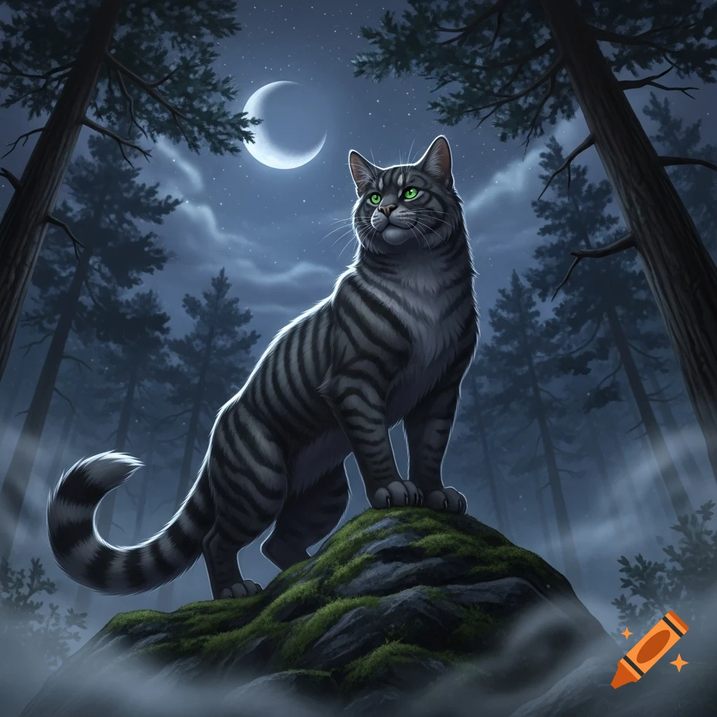 An illustrative grey tabby cat with green eyes stands on a mossy rock ...
